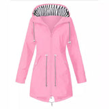 Women's Hooded Rain Jacket with Longline Zip Front and Striped Hood Lining with Adjustable Drawstring Waist