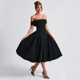 Off-Shoulder A-Line Pleated Midi Dress