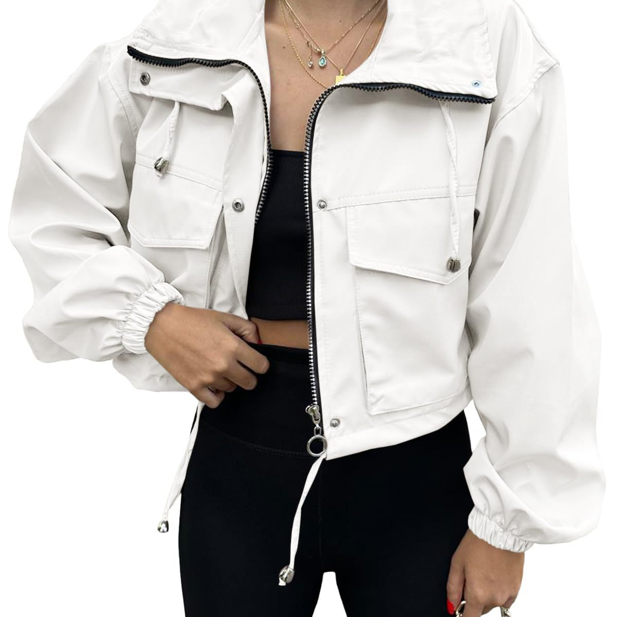 Cropped Zip-Front Utility Jacket with Drawstring and Flap Pockets