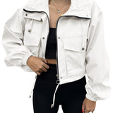 Cropped Zip-Front Utility Jacket with Drawstring and Flap Pockets