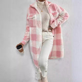 Long Plaid Sherpa Coat with Button-Front and Flap Pockets