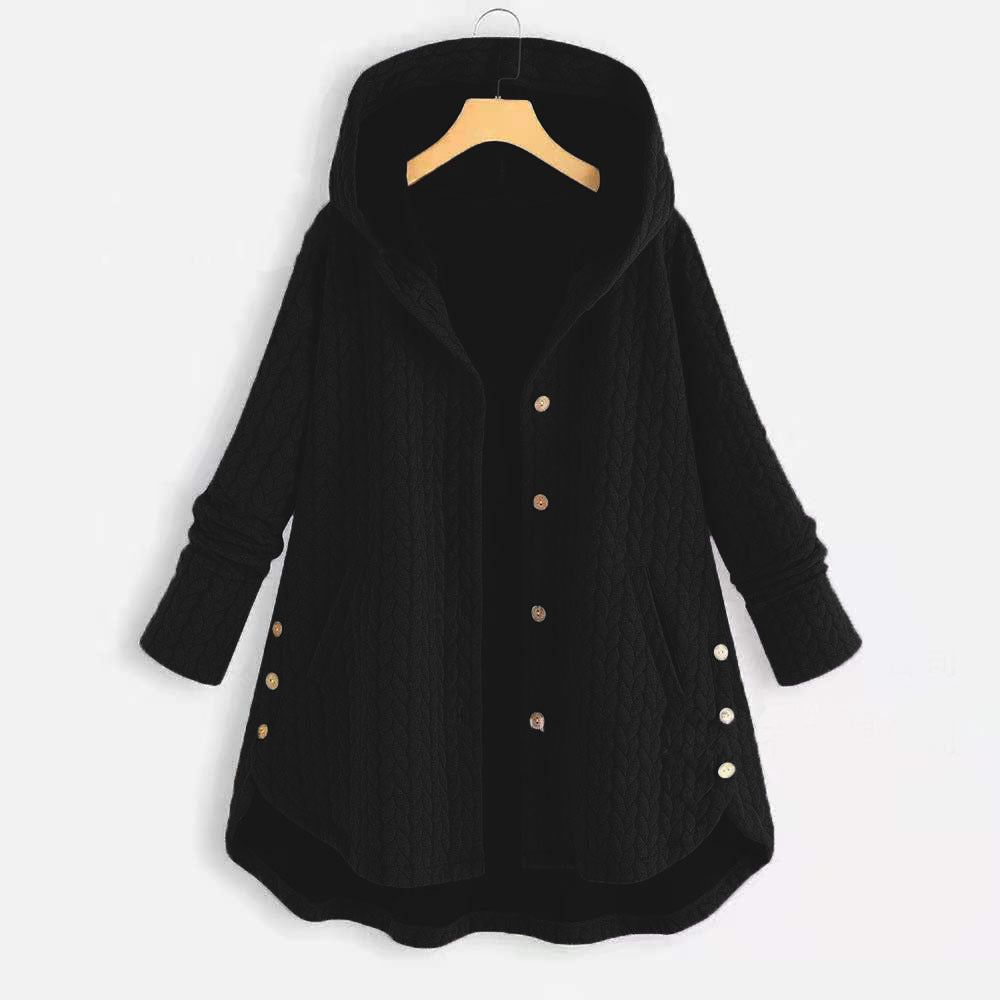 Women's Quilted Jacket with Hood Button Front and Curved Hem