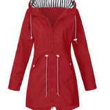 Women's Hooded Rain Jacket with Longline Zip Front and Striped Hood Lining with Adjustable Drawstring Waist