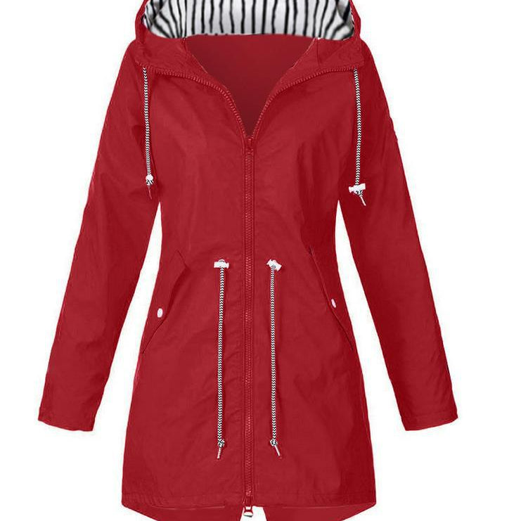 Women's Hooded Rain Jacket with Longline Zip Front and Striped Hood Lining with Adjustable Drawstring Waist
