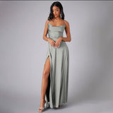 Satin A-Line Maxi Dress with Cowl Neck and Thigh Slit