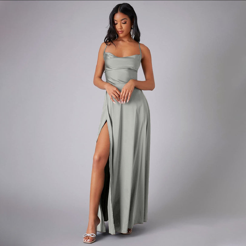 Satin A-Line Maxi Dress with Cowl Neck and Thigh Slit