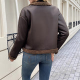 Cropped Sherpa Trim Jacket with Button-Front and Patch Pockets
