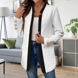Long Open-Front Blazer with Contrast Trim and Button Cuffs