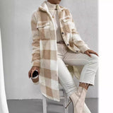 Long Plaid Sherpa Coat with Button-Front and Flap Pockets