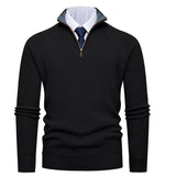 Quarter-Zip Ribbed Sweater with Stand Collar and Contrast Trim