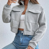 Cropped Zip-Front Bomber Jacket with Stand Collar and Flap Pockets