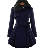Belted Double-Breasted Coat with Faux Fur Collar