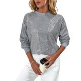 Sequin Panel Sweatshirt with Crew Neck and Long Sleeves