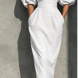 Puff Sleeve Midi Dress with Boat Neck and High Waist