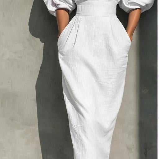Puff Sleeve Midi Dress with Boat Neck and High Waist