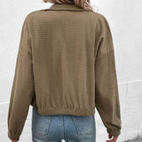 Cropped Snap-Button Jacket with Stand Collar and Long Sleeves
