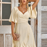 Wrap Mini Dress with Ruffle Hem and Flutter Sleeve