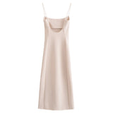 Satin Slip Midi Dress with Cowl Neck and Spaghetti Straps
