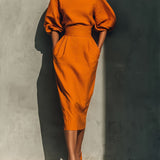 Puff Sleeve Midi Dress with Boat Neck and High Waist