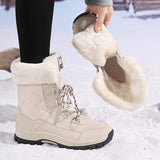 Women's Winter Boots with Faux Fur Look Cuffs and Lace Up Front in Mid Calf Snow Boot Style