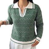 Collared V-Neck Knit Sweater with Contrast Trim