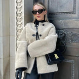 Faux Fur Round Neck Duffle Jacket with Toggle Front and Pockets