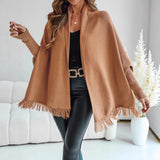 Fringe Hem Poncho with Shawl Collar and Dolman Sleeve