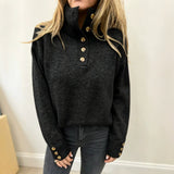 Button-Front Mock Neck Knit Sweater with Long Sleeves