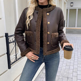 Cropped Sherpa Trim Jacket with Button-Front and Patch Pockets