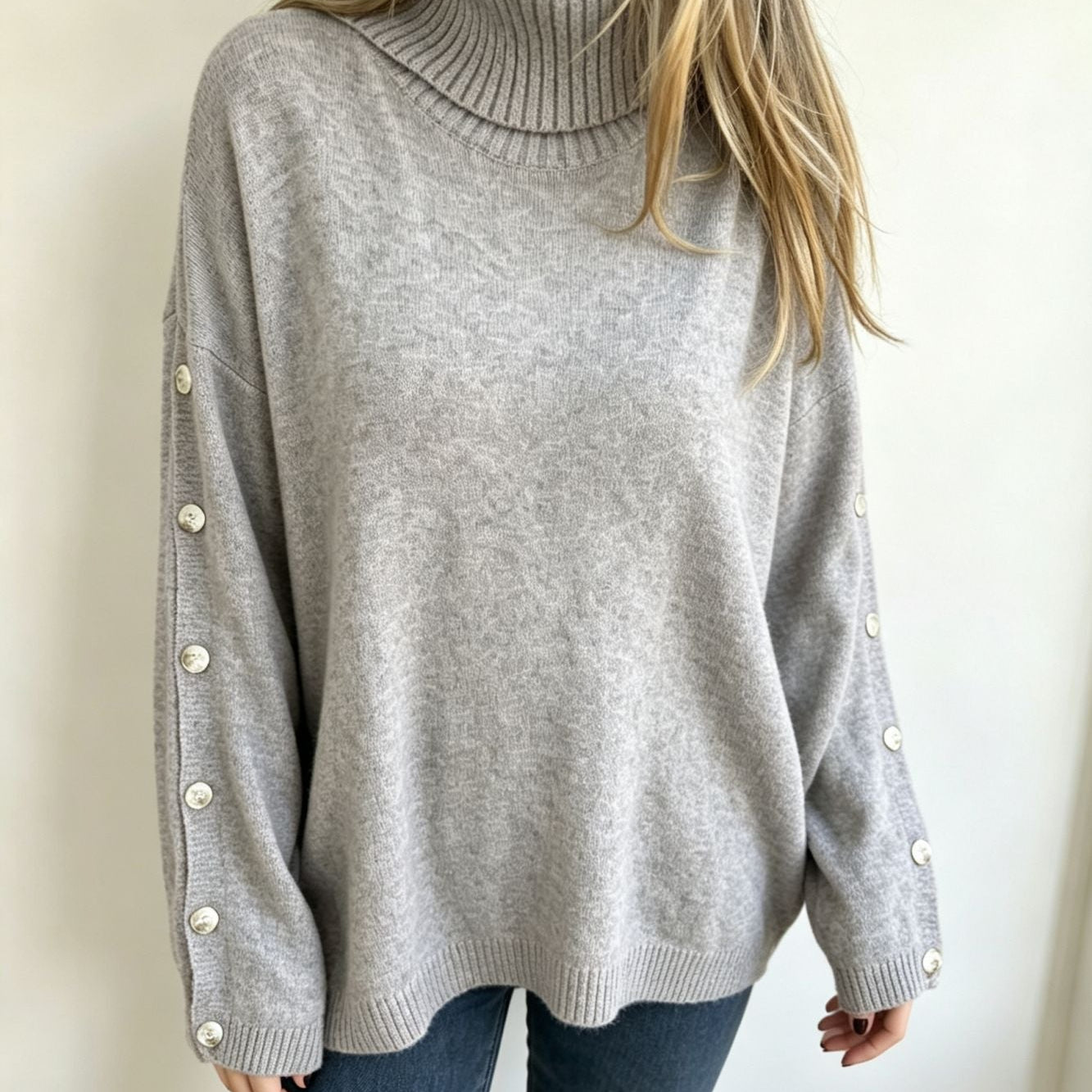 Oversized Turtleneck Sweater with Button Sleeve and Ribbed Trim
