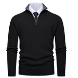 Quarter-Zip Ribbed Sweater with Stand Collar and Contrast Trim