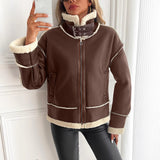 Faux Leather Sherpa Jacket with Zip Front and Buckle Collar