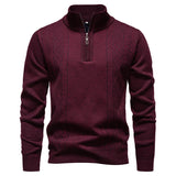 Quarter-Zip Cable Knit Sweater with Stand Collar and Ribbed Trim