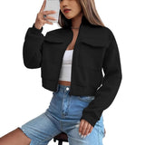 Cropped Zip-Front Bomber Jacket with Stand Collar and Flap Pockets