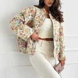 Floral Jacquard Bomber Jacket with Button-Front and Stand Collar