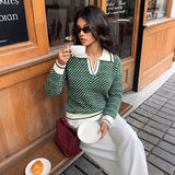Collared V-Neck Knit Sweater with Contrast Trim