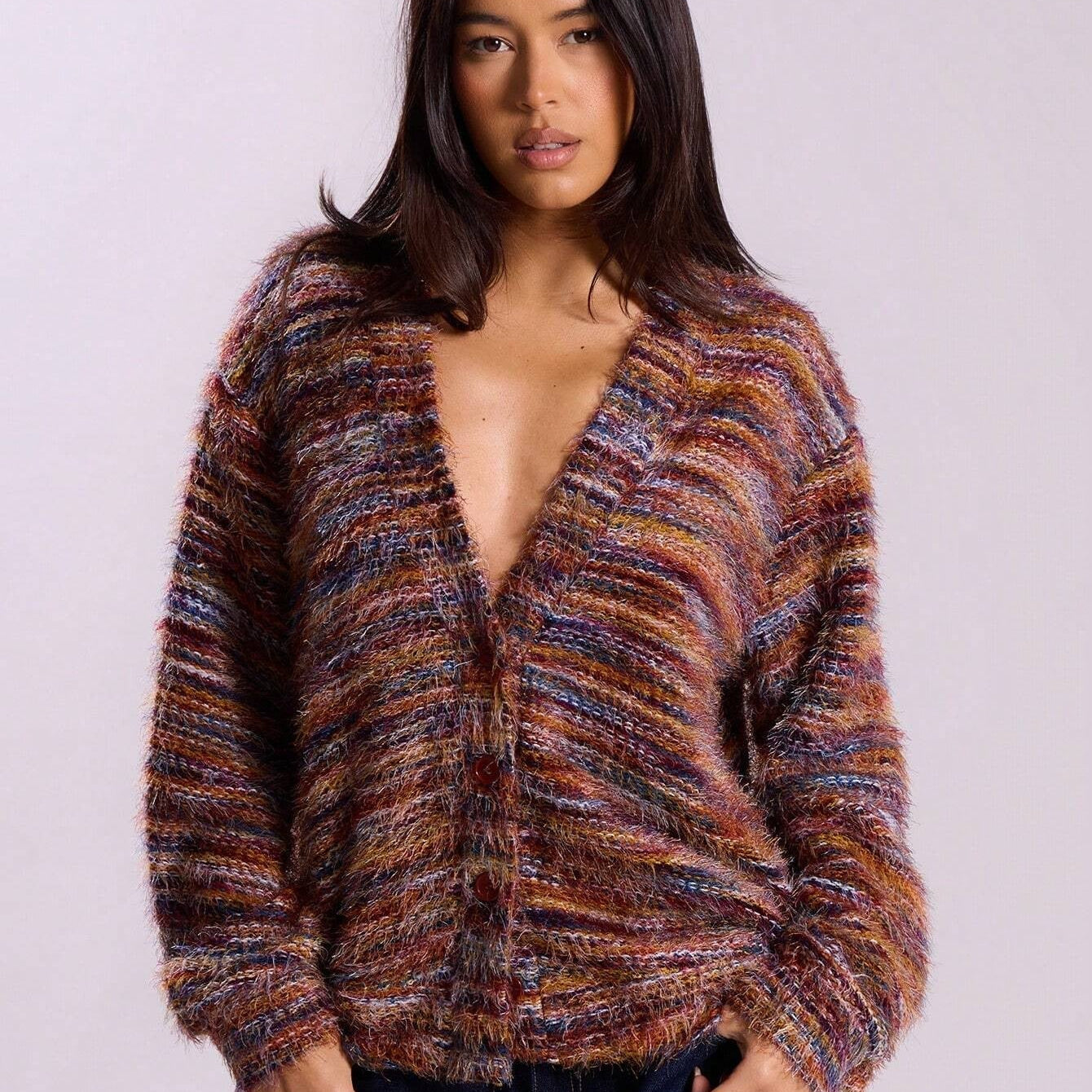 Textured Knit Cardigan with V-Neck and Button-Front