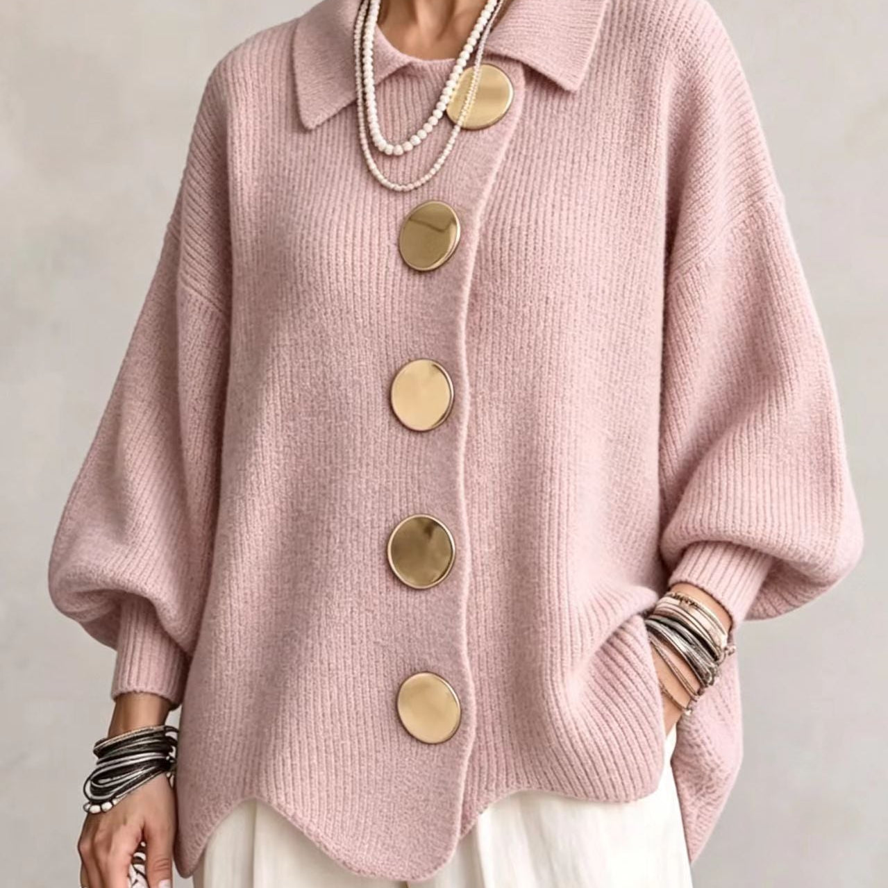 Oversized Button-Front Cardigan with Collar and Balloon Sleeves