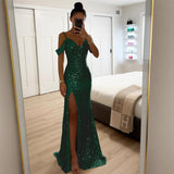 Sequin Mermaid Maxi Dress with Off-Shoulder Straps and Thigh Slit