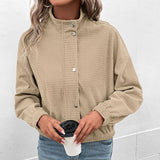 Cropped Snap-Button Jacket with Stand Collar and Long Sleeves