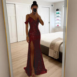 Sequin Mermaid Maxi Dress with Off-Shoulder Straps and Thigh Slit