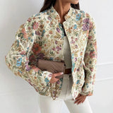 Floral Jacquard Bomber Jacket with Button-Front and Stand Collar