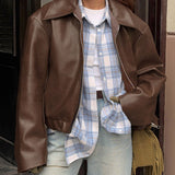 Faux Leather Jacket with Zip Front and Wide Collar