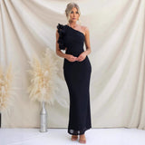 One-Shoulder Ruffle Maxi Dress with Cut-Out Waist
