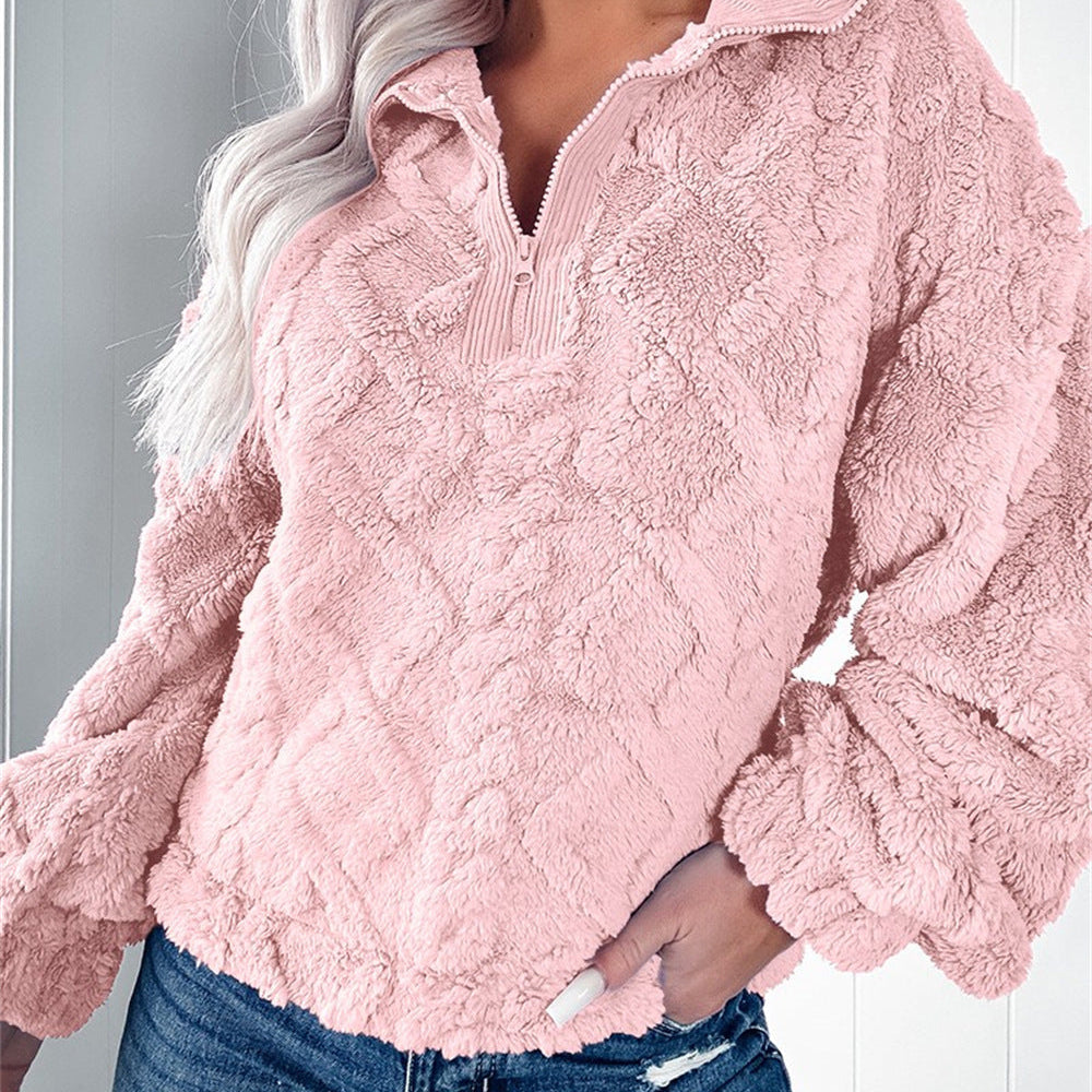 Sherpa Fleece Half-Zip Pullover with Balloon Sleeve