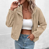 Cropped Snap-Button Jacket with Stand Collar and Long Sleeves