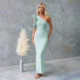 One-Shoulder Ruffle Maxi Dress with Cut-Out Waist