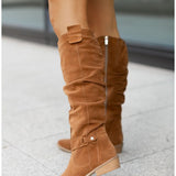 Women's Knee High Boots with Slouchy Shaft and Buckle Strap Detail with Low Block Heel and Side Zipper