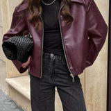 Faux Leather Jacket with Zip Front and Wide Collar