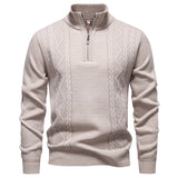 Quarter-Zip Cable Knit Sweater with Stand Collar and Ribbed Trim